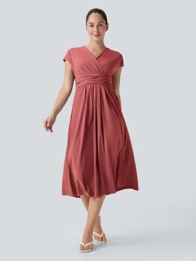 Halara Breezeful V Neck Pocket Tie Back Quick Dry Midi Casual Dress Medium NWT